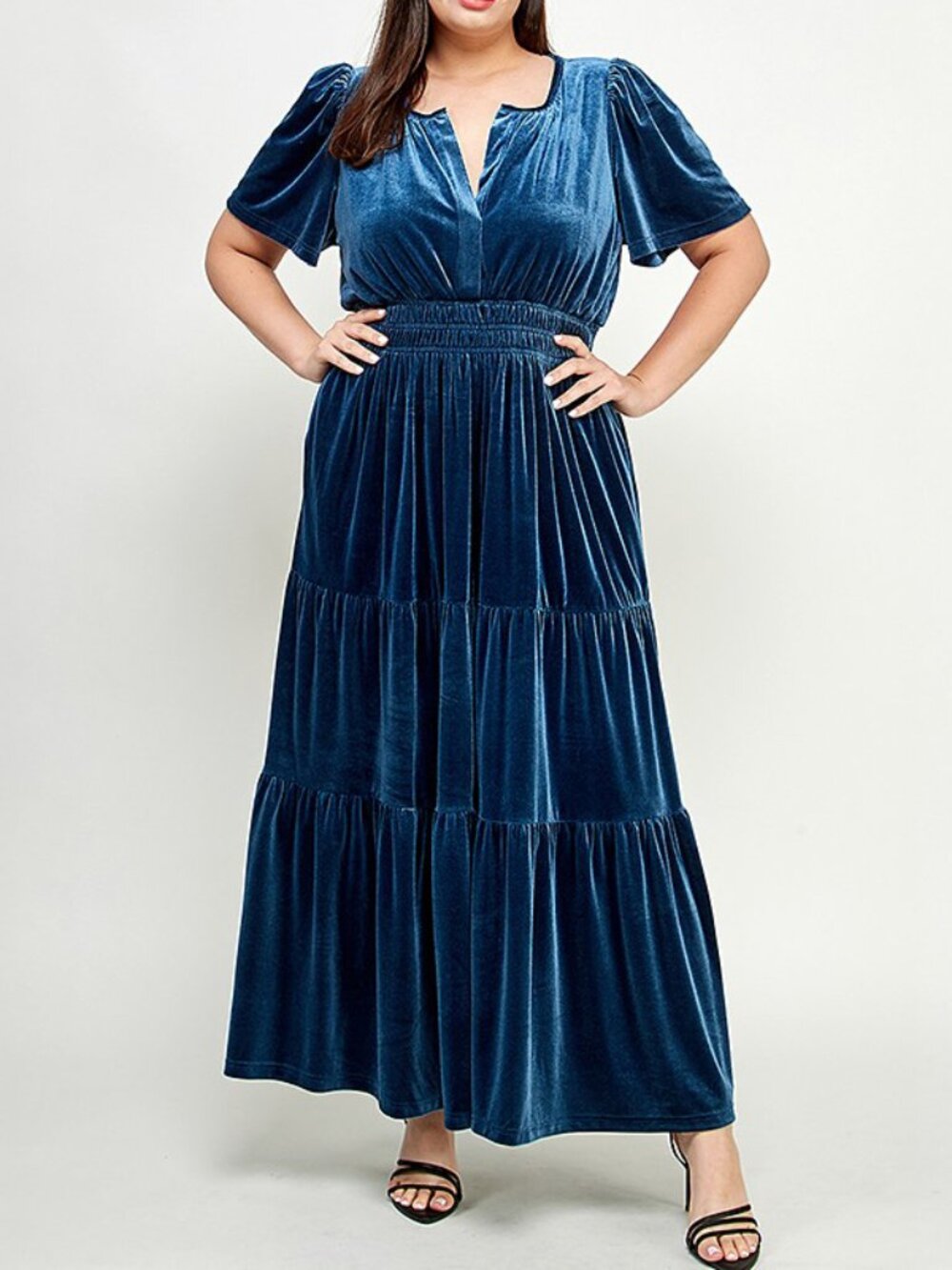 Boho Dark Teal Blue Velvet Short Sleeve Tiered A-line Maxi Dress 16